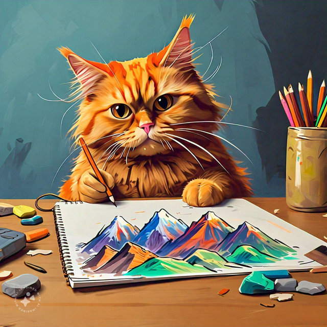 The orange cat drawing a mountain