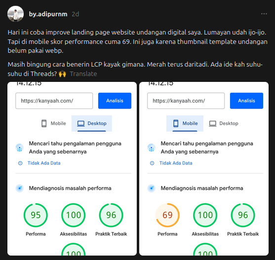 Skor performance masih 69