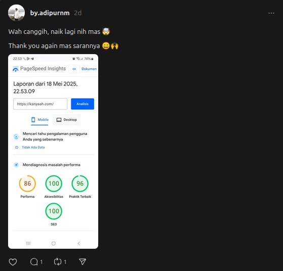 Skor performance naik lagi jadi 86