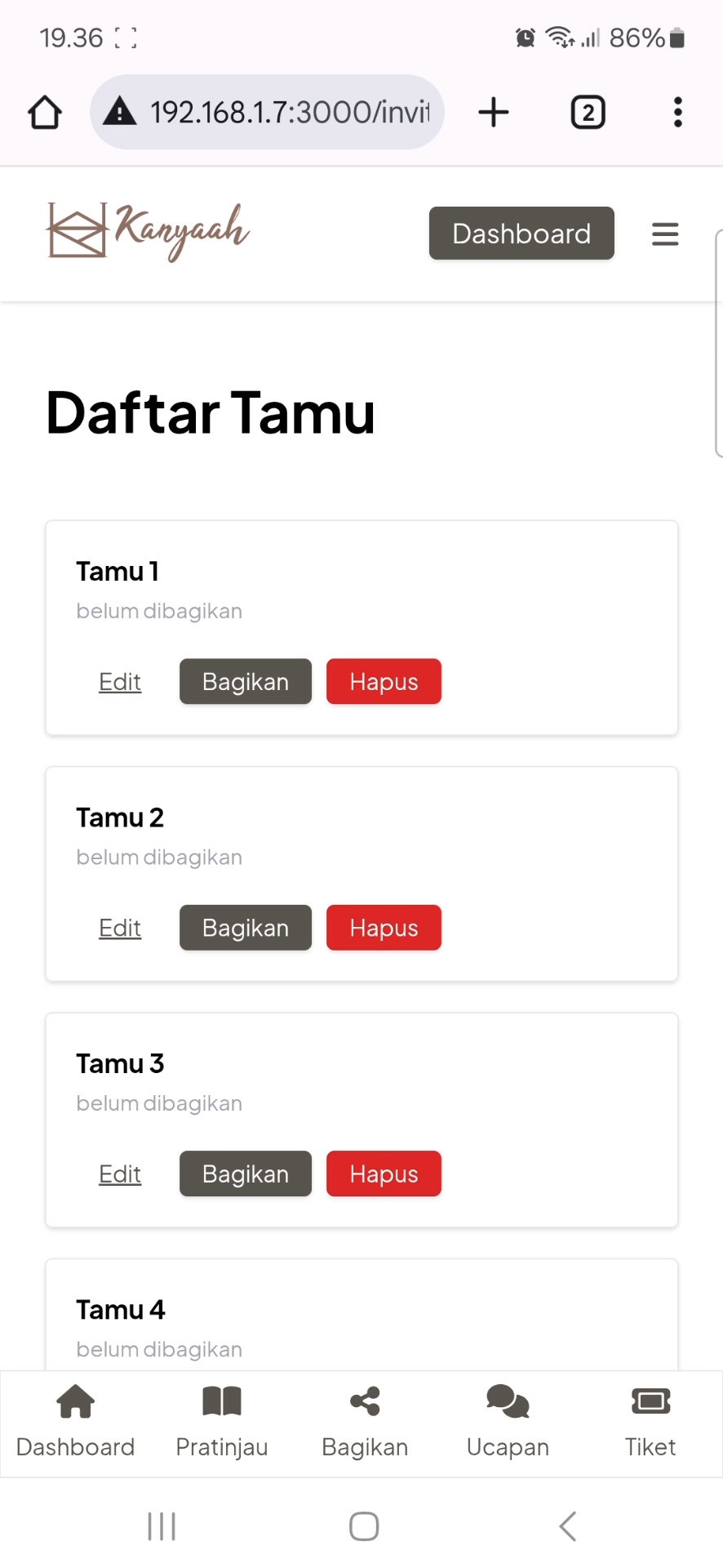 Tampilan halaman Daftar Tamu Undangan