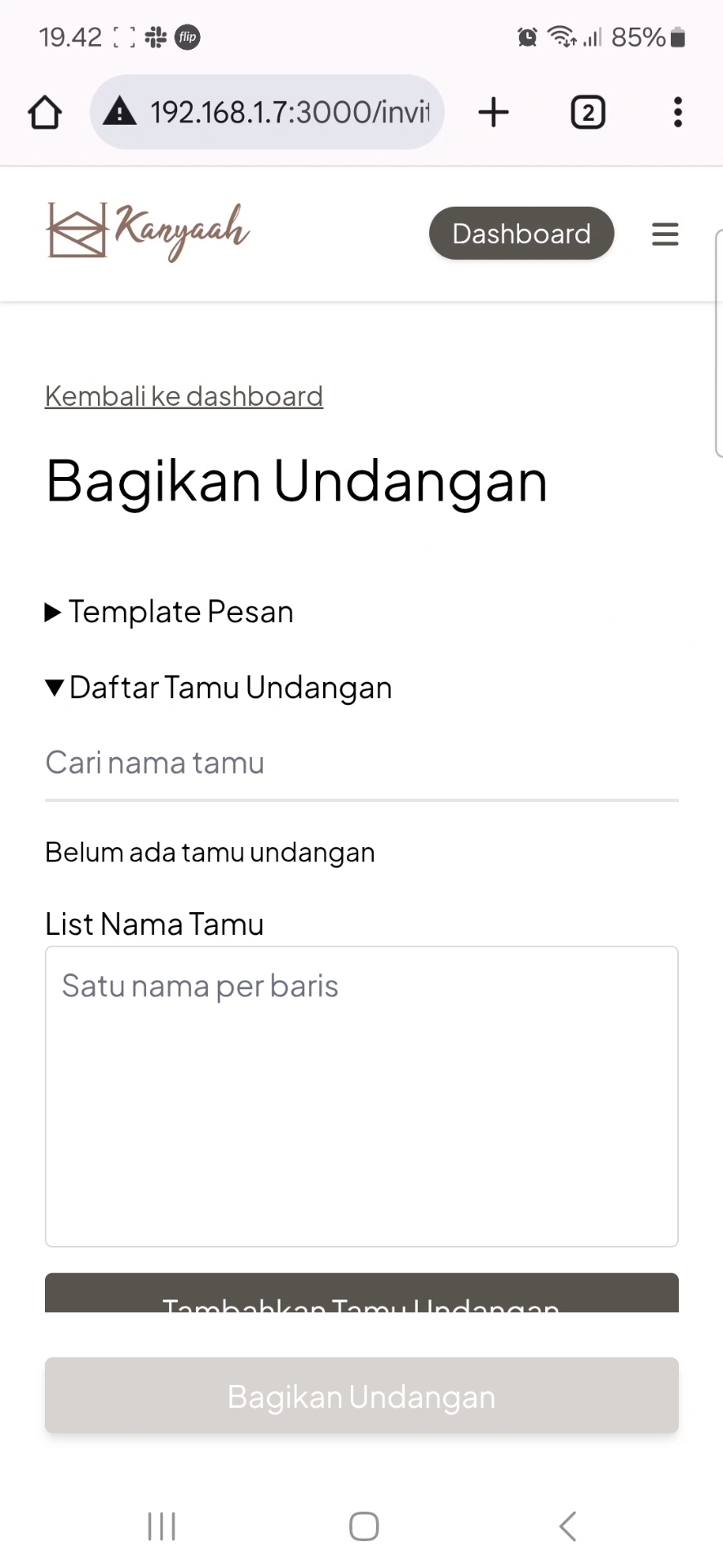 Tampilan halaman Bagikan Undangan sebelum di-revamp