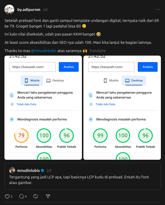 Skor performance naik jadi 79