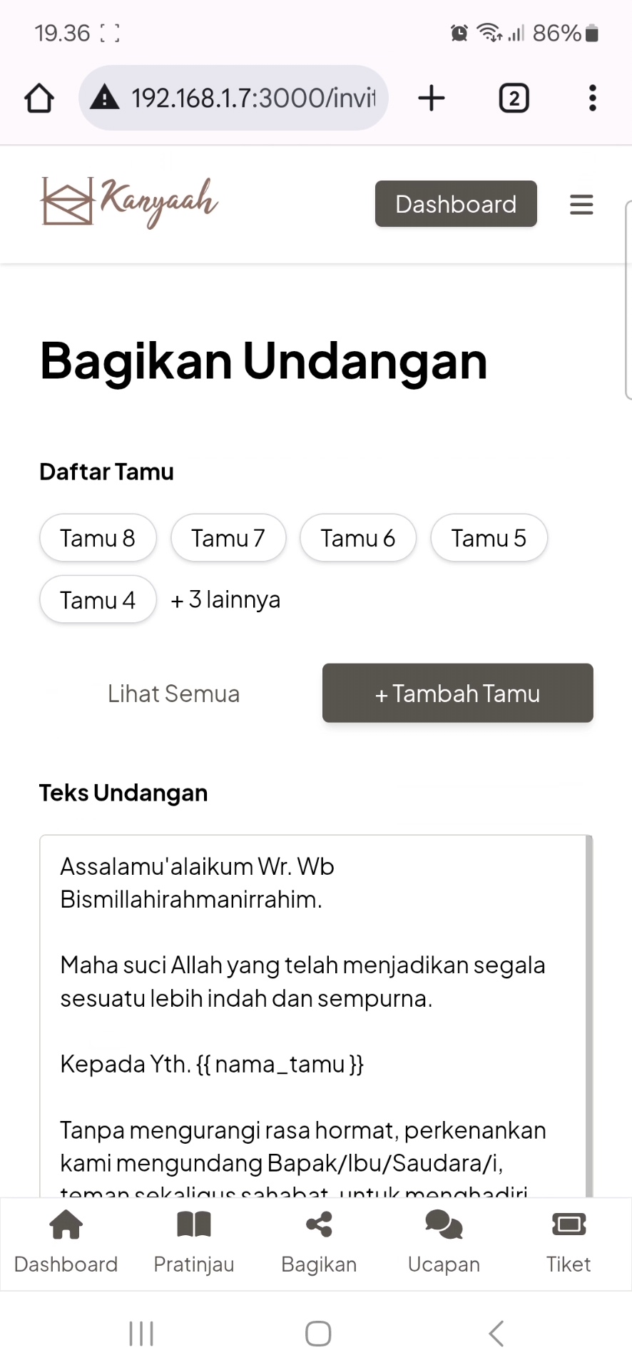Tampilan halaman Bagikan Undangan