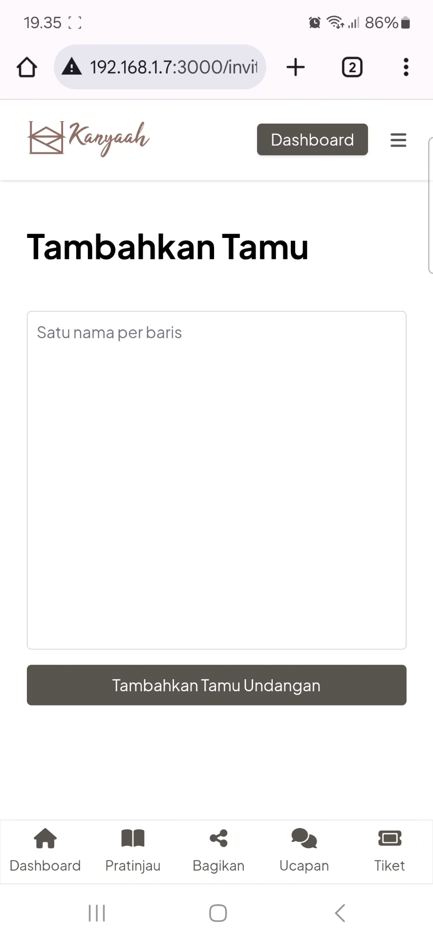 Tampilan halaman Tambah Tamu Undangan